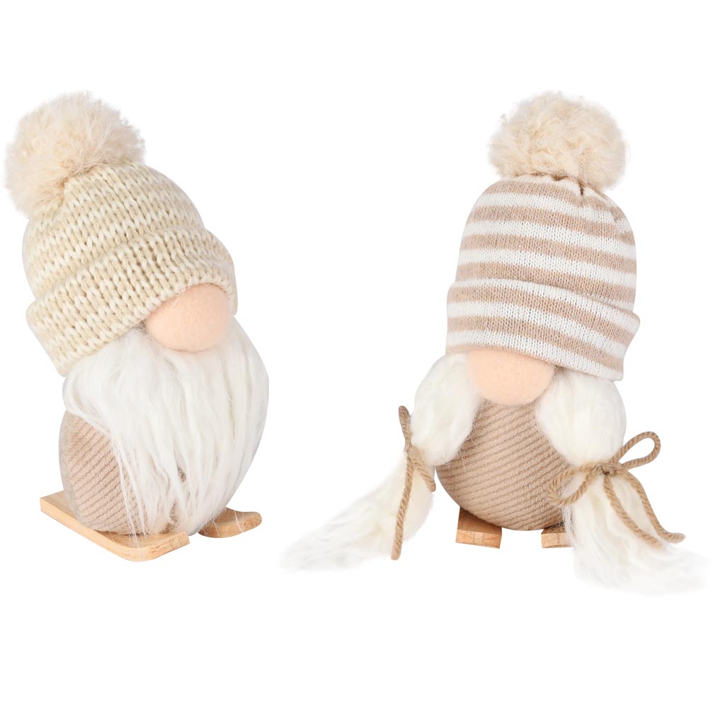 Dekoratief | Gnoom op ski's, bruin/wit, stof, 8x8x15cm, set van 2 stuks | A255971