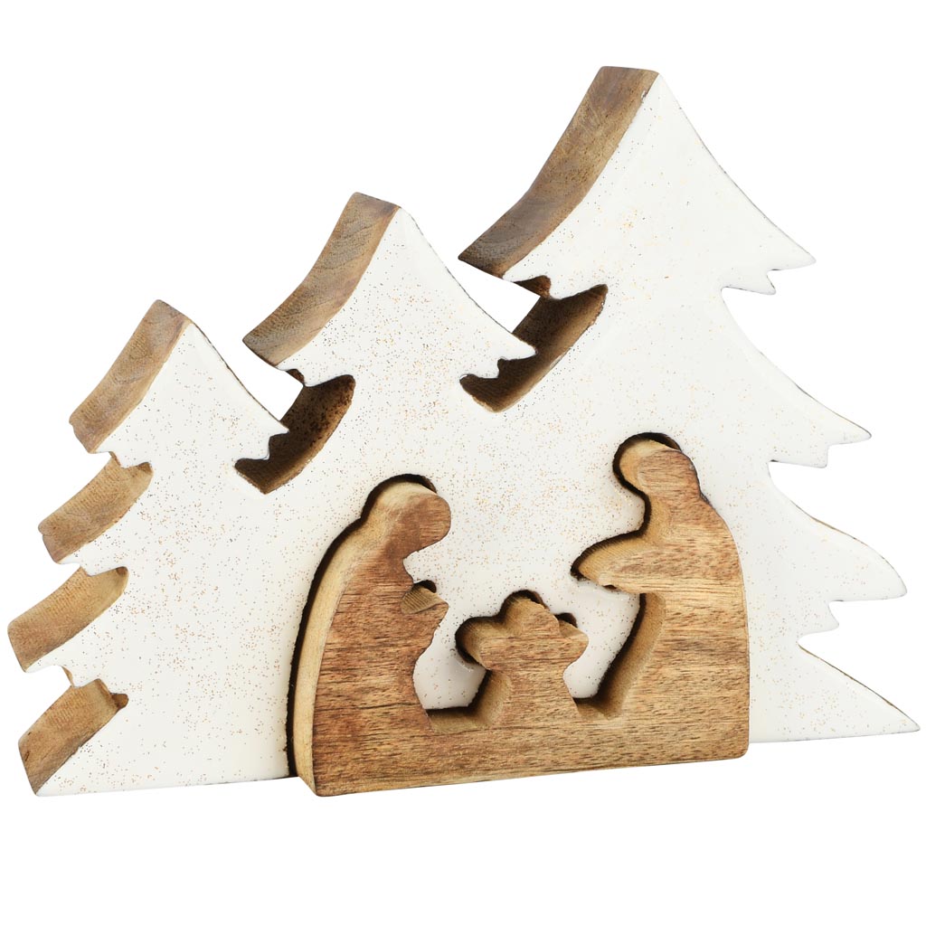 Dekoratief | Kerststal puzzel, wit/naturel, hout/email, 19x4x14cm | A258003