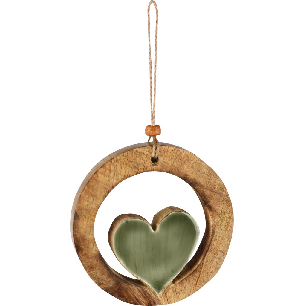 Dekoratief | Hanger ring m/hart, groen/naturel, hout/email, 10x2x10cm | A258006