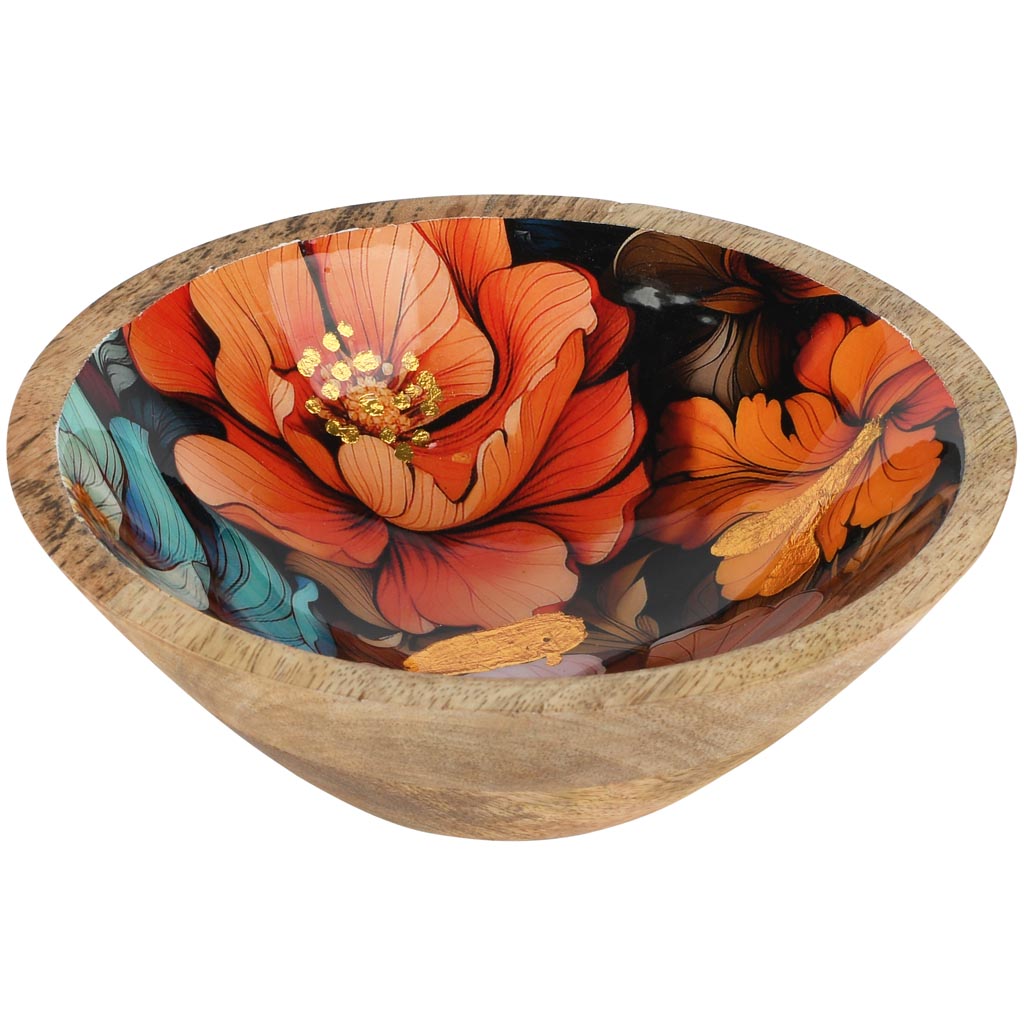 Dekoratief | Bowl 'Flower Opulence', naturel, hout/email, 17x17x6cm | A258036
