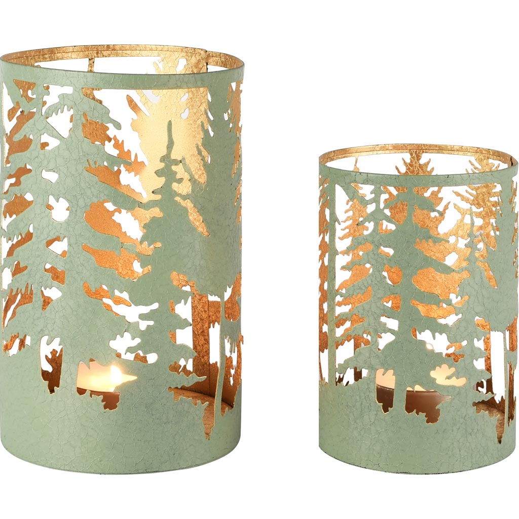 Dekoratief | Set 2 Waxinelichthouders 'Pine Forest', groen/goud, metaal, 13x13x20cm | A258041