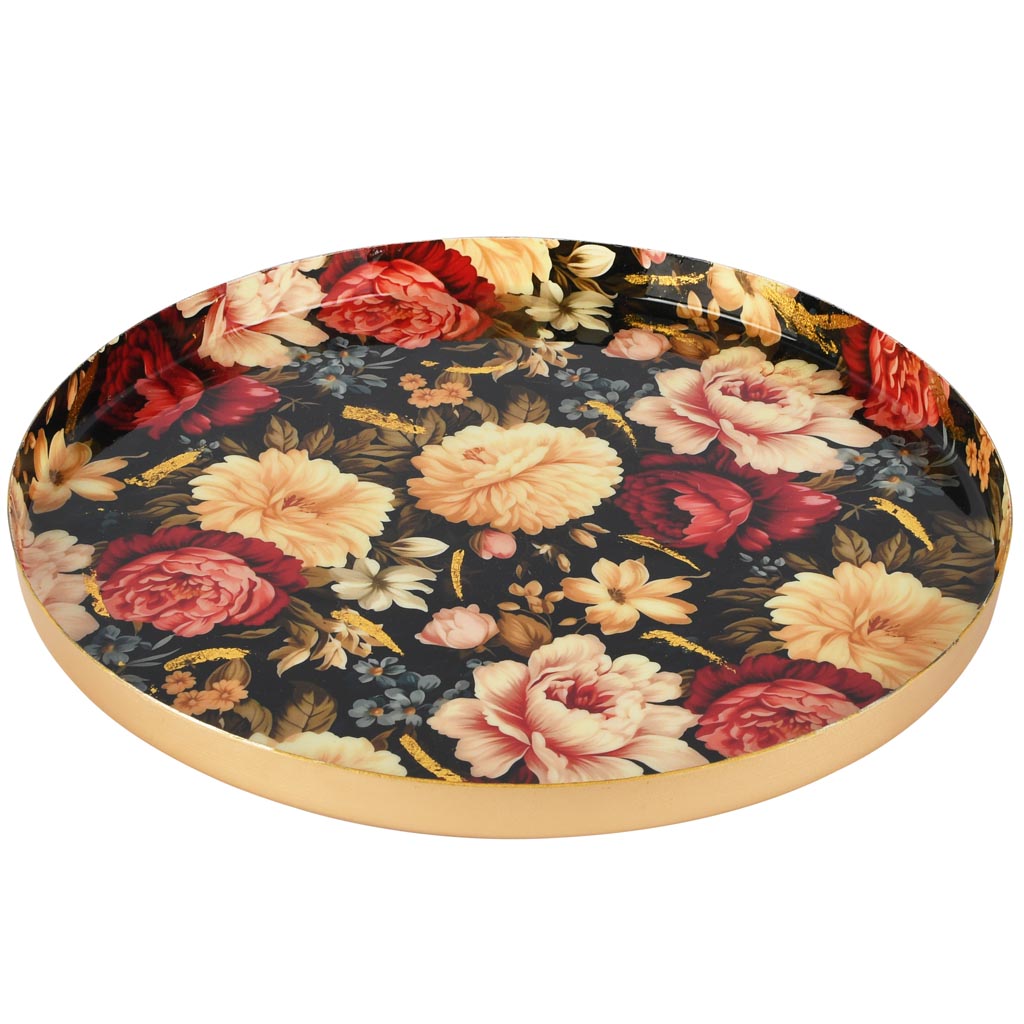 Dekoratief | Dienblad 'Flowers at Dusk', zwart/goud, metaal, 25x25x2cm | A258061