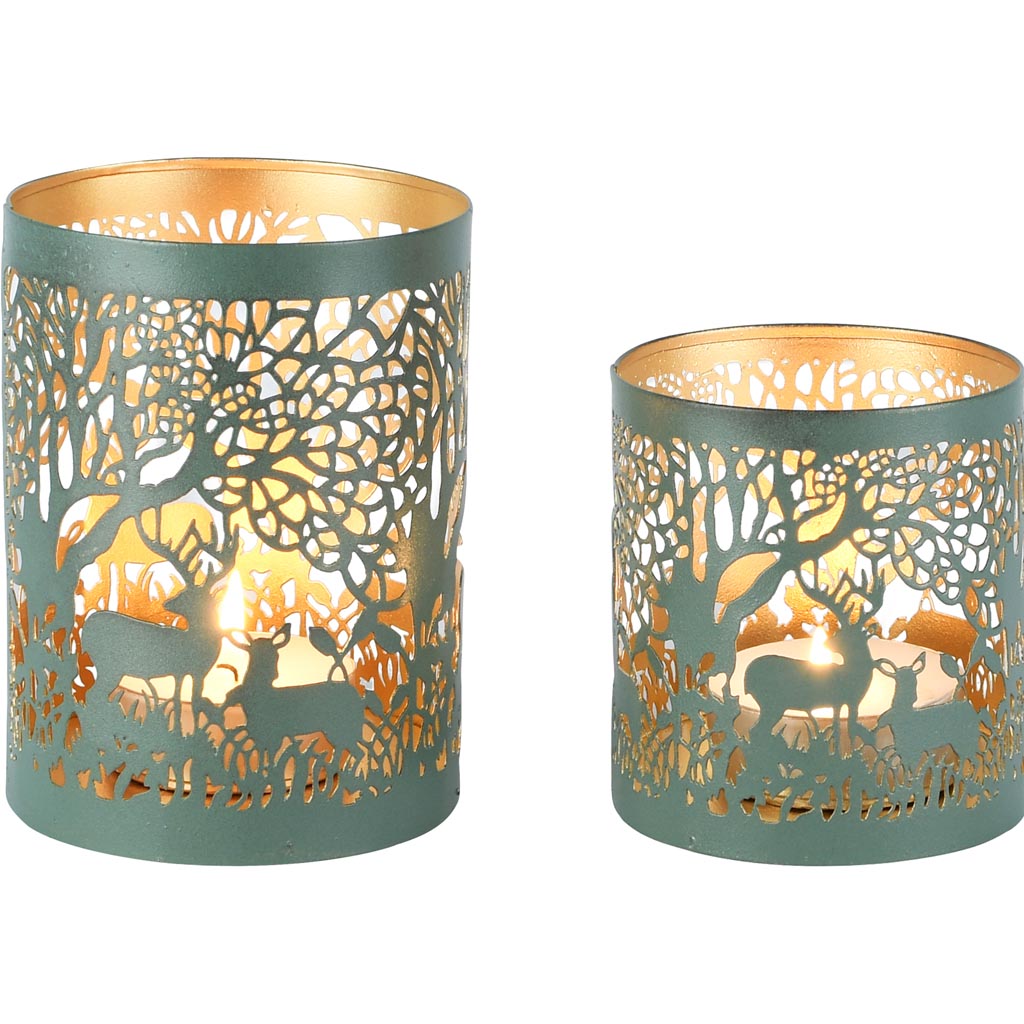 Dekoratief | Set 2 Waxinelichthouders 'Gazing Deer', groen/goud, metaal, 10x10x14cm | A258090