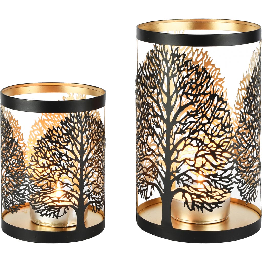 Dekoratief | Set 2 Waxinelichthouders 'Massive Tree', zwart/goud, metaal, 12x12x20cm | A258091