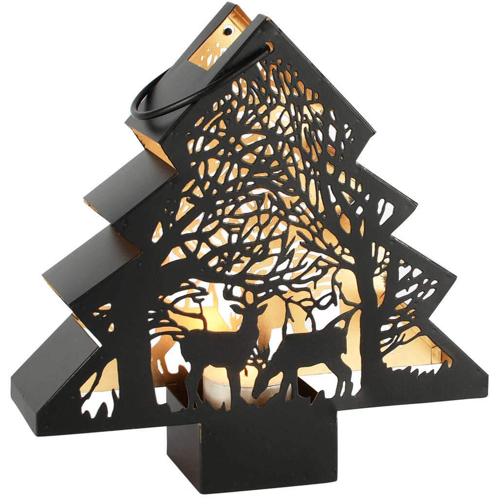 Dekoratief | Windlicht boom 'Forest Reindeer', zwart/goud, metaal, 20x5x20cm | A258099