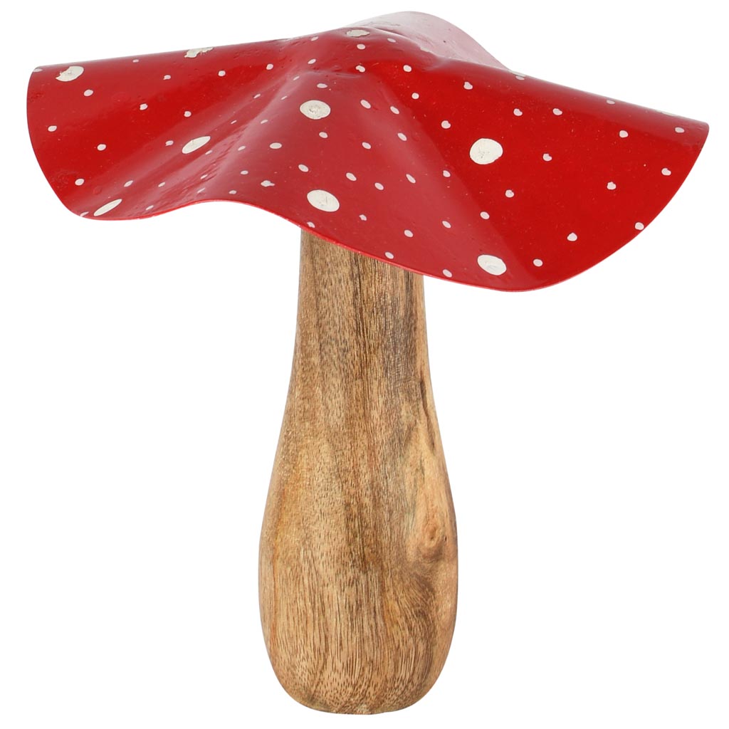 Dekoratief | Paddenstoel m/stippen, rood/wit/naturel, hout/metaal, 20x20x21cm | A258103