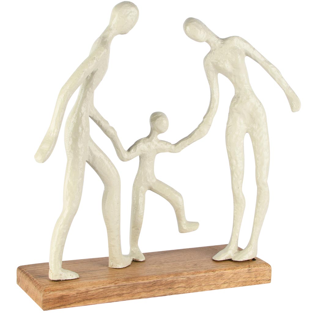 Dekoratief | Deco gezin op voet, wit/naturel, aluminium/hout, 26x9x30cm | A258107