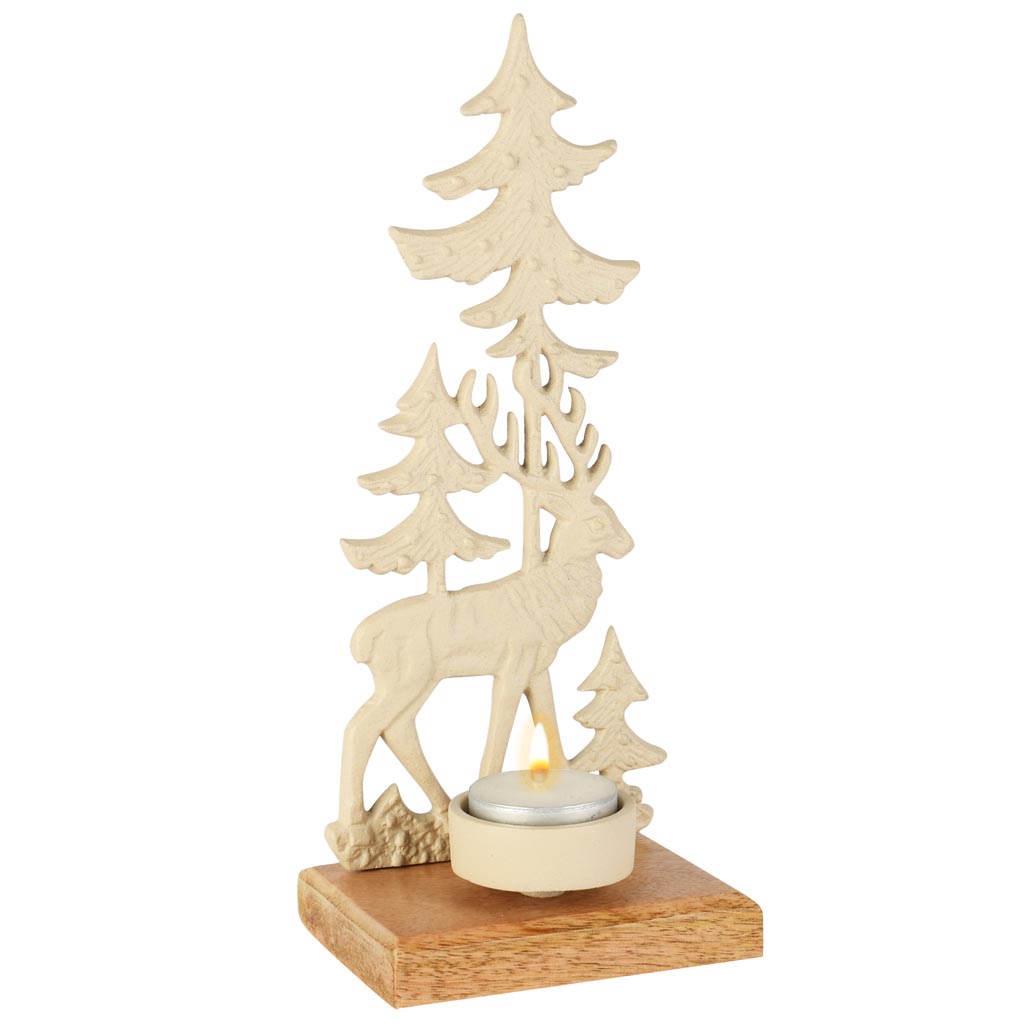Dekoratief | Theelichthouder hert m/bomen, crème, aluminium/hout, 10x8x23cm | A258137