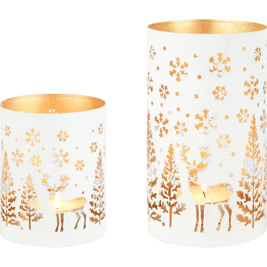 Dekoratief | Set 2 Waxinelichthouders 'Snow Deer', wit/goud, metaal, 12x12x21cm | A258151
