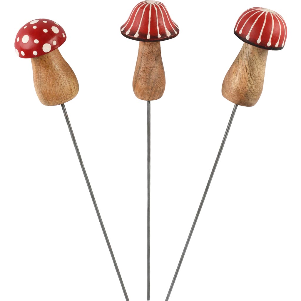 Dekoratief | Prikker paddenstoel, rood/naturel, hout/metaal, 4x4x31cm, set van 3 stuks | A258153