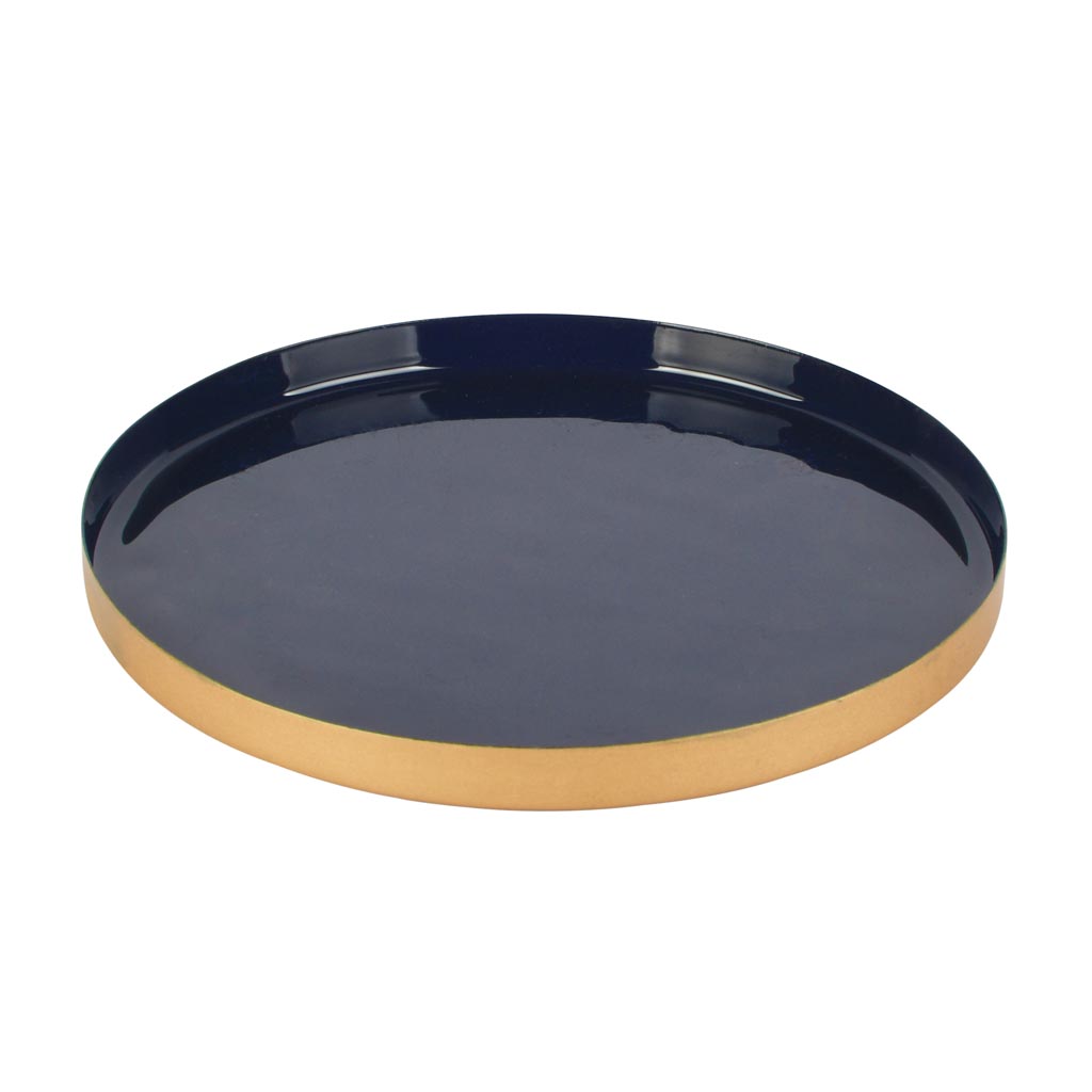 Dekoratief | Dienblad rond, donkerblauw/goud, metaal, 21x21x2cm | A258156