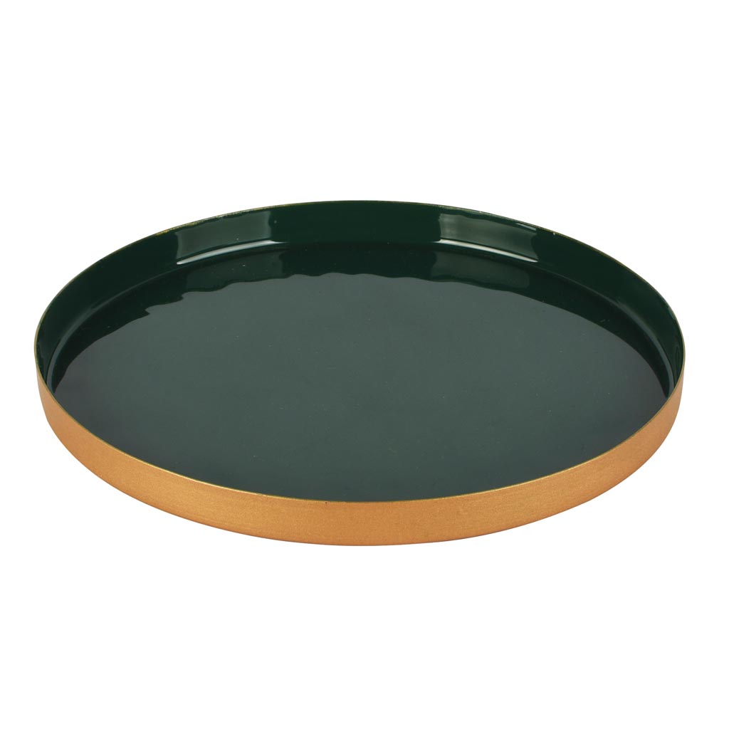 Dekoratief | Dienblad rond, groen/goud, metaal, 21x21x2cm | A258158