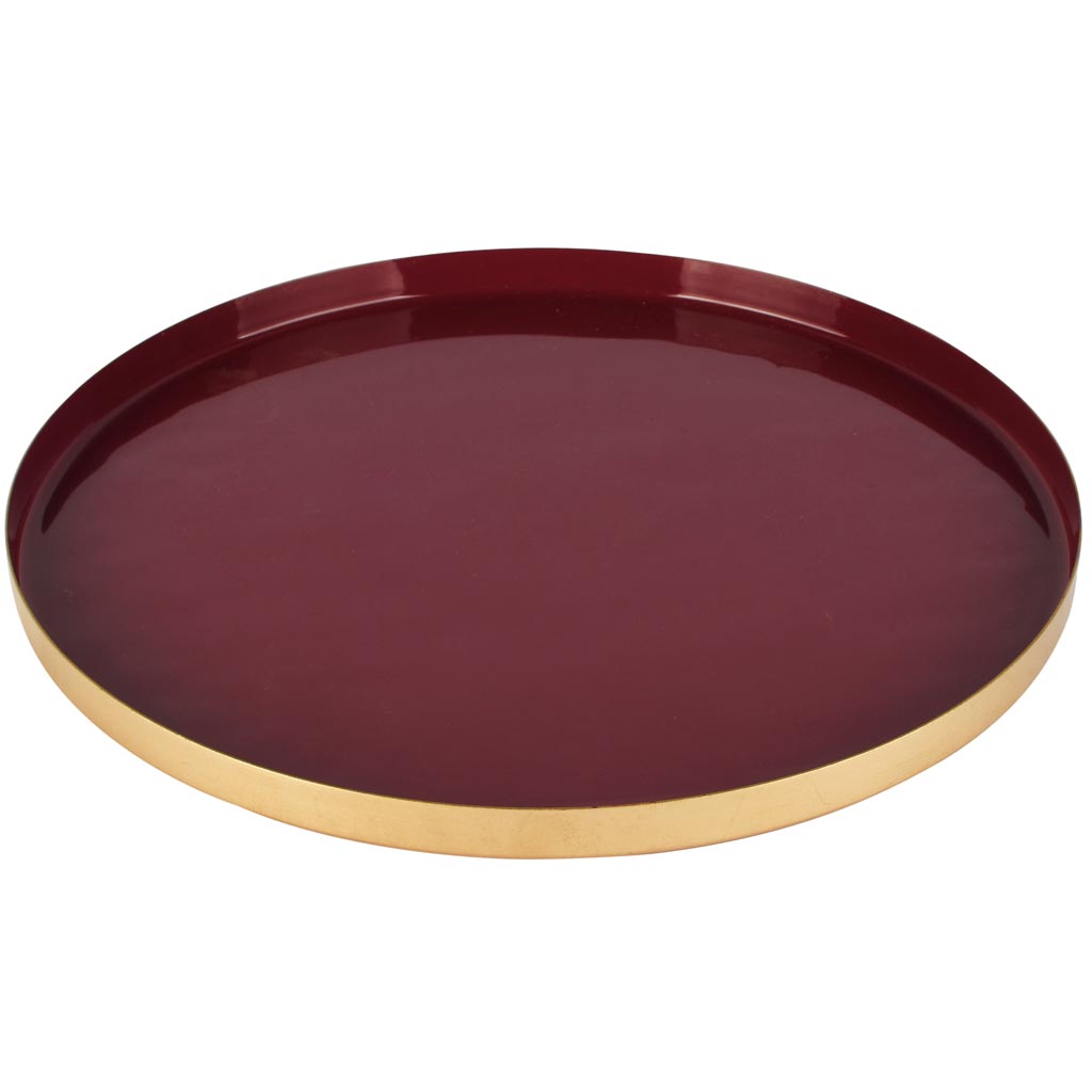 Dekoratief | Dienblad rond, bordeaux/goud, metaal, 26x26x2cm | A258159