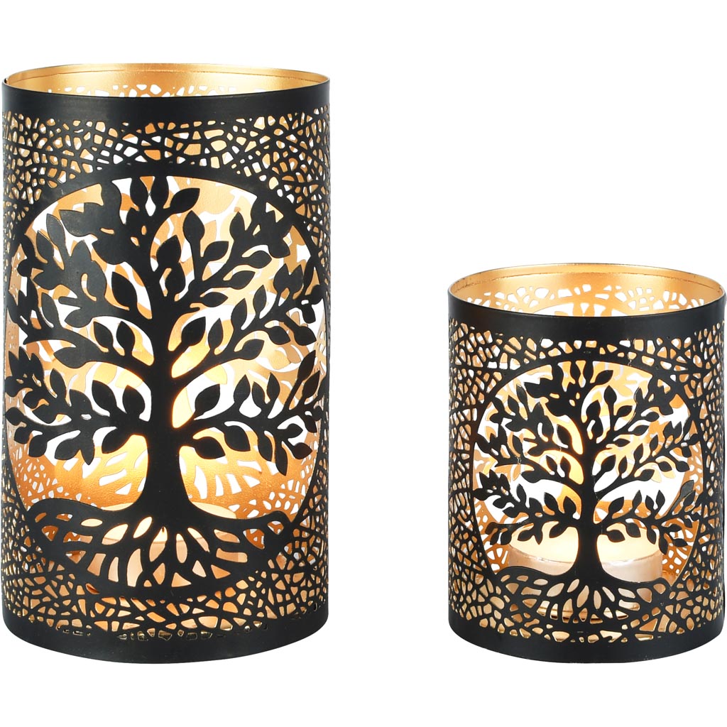 Dekoratief | Set 2 Waxinelichthouders 'Arbre de Vie', zwart/goud, metaal, 12x12x21cm | A258160