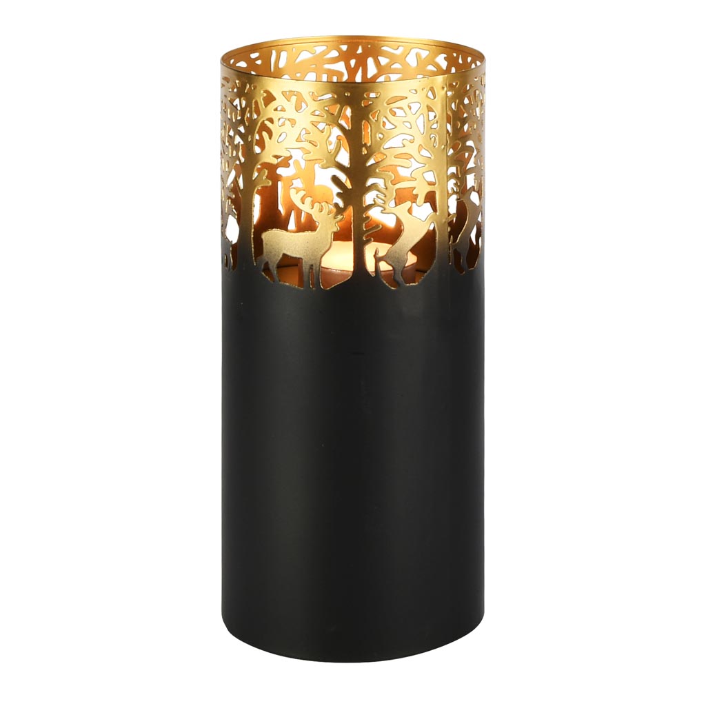 Dekoratief | Windlicht 'Wild Forest', zwart/goud, metaal, 13x13x30cm | A258192