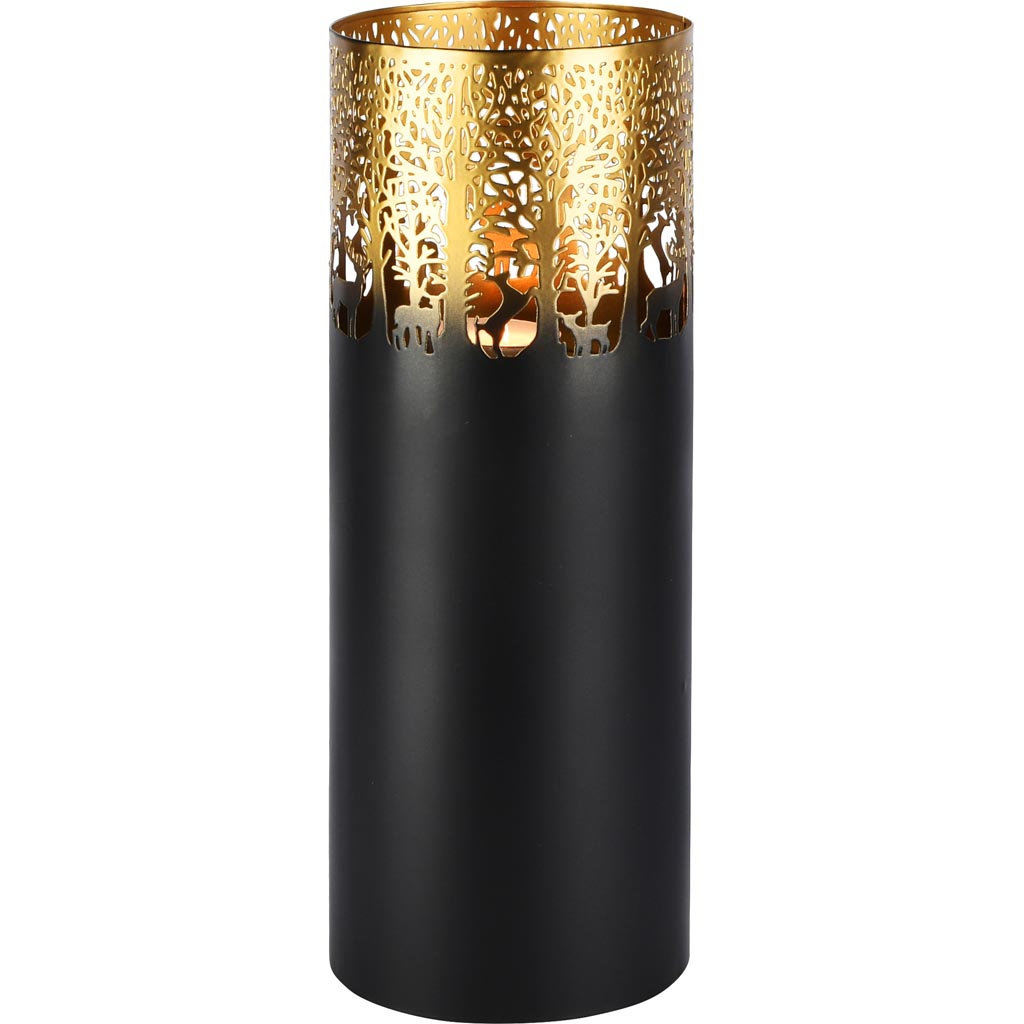 Dekoratief | Windlicht 'Wild Forest', zwart/goud, metaal, 15x15x39cm | A258193