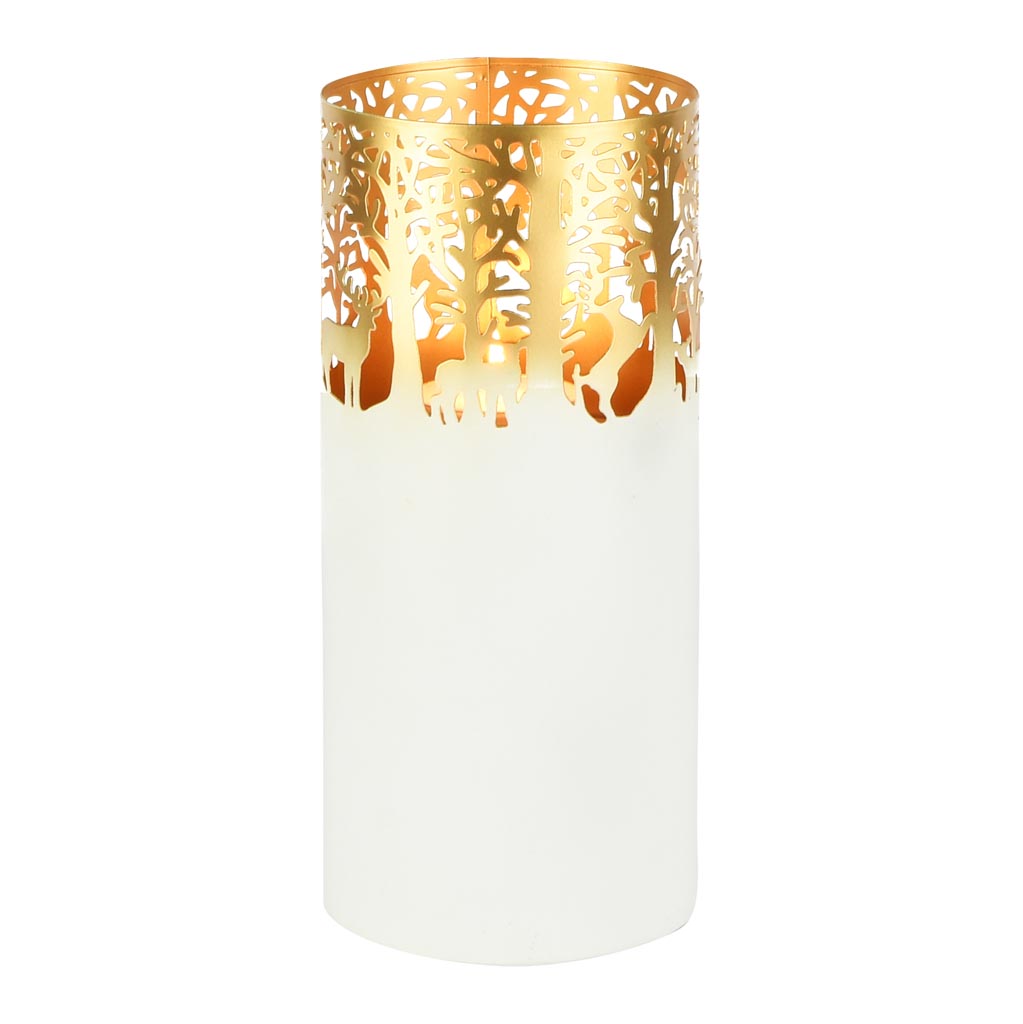 Dekoratief | Windlicht 'Wild Forest', wit/goud, metaal, 13x13x30cm | A258194