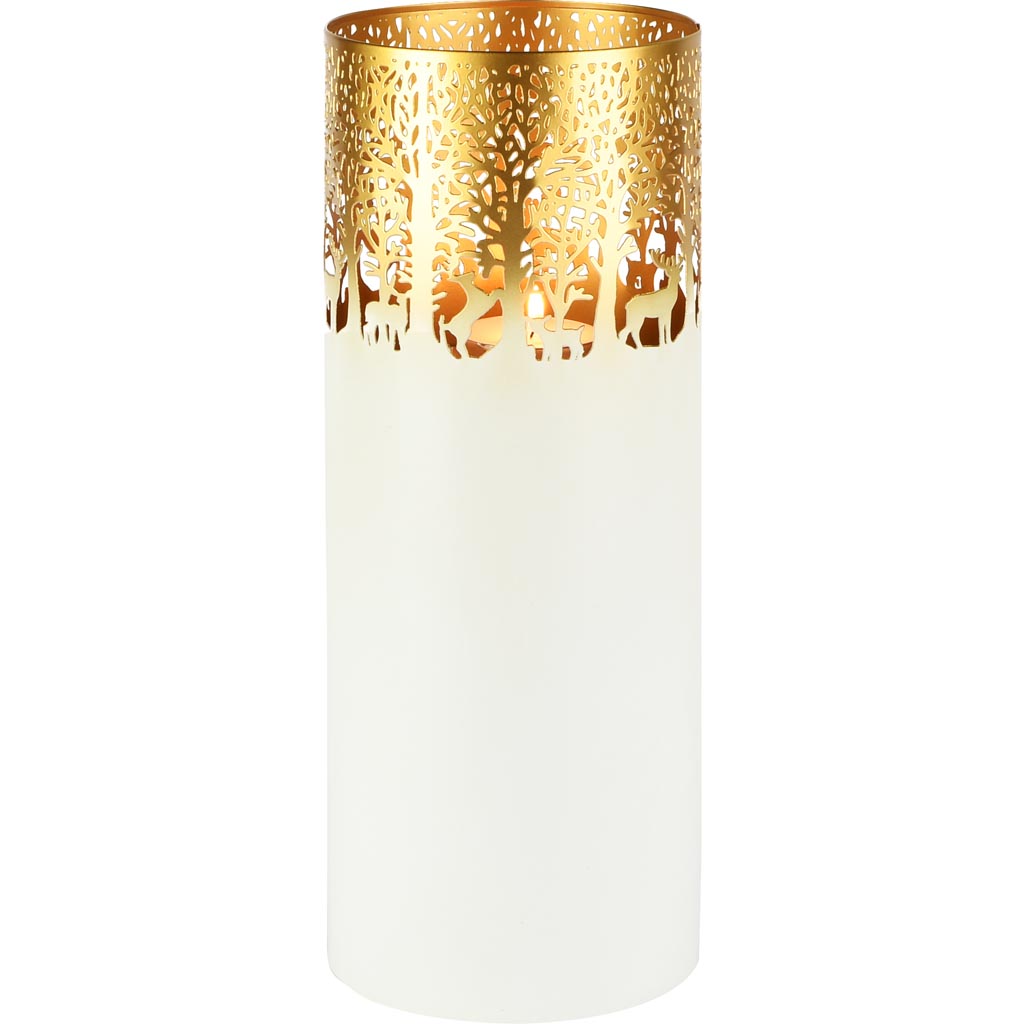 Dekoratief | Windlicht 'Wild Forest', wit/goud, metaal, 15x15x39cm | A258195