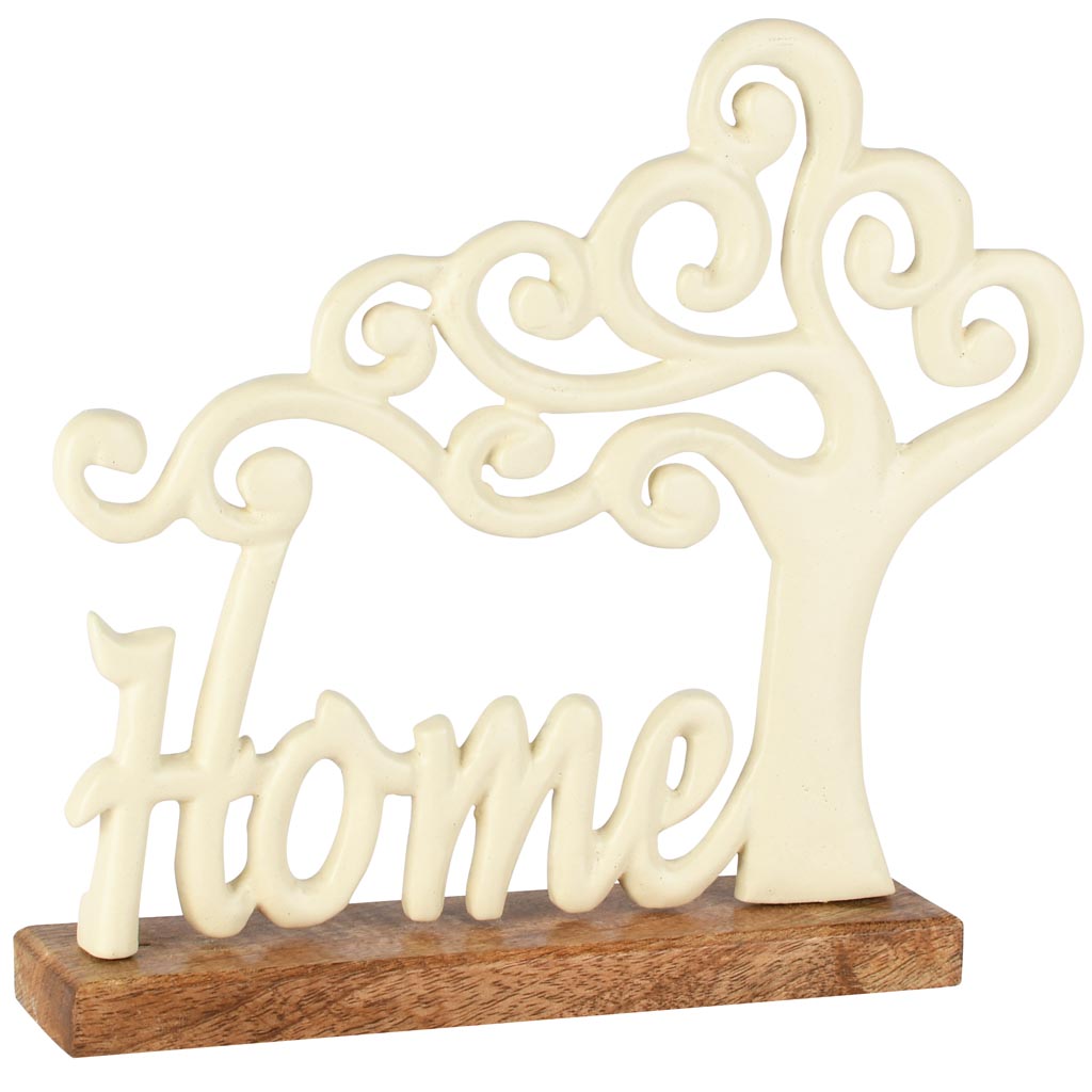 Dekoratief | Deco 'Home' m/boompje, wit/naturel, aluminium/hout, 21x5x22cm | A258206