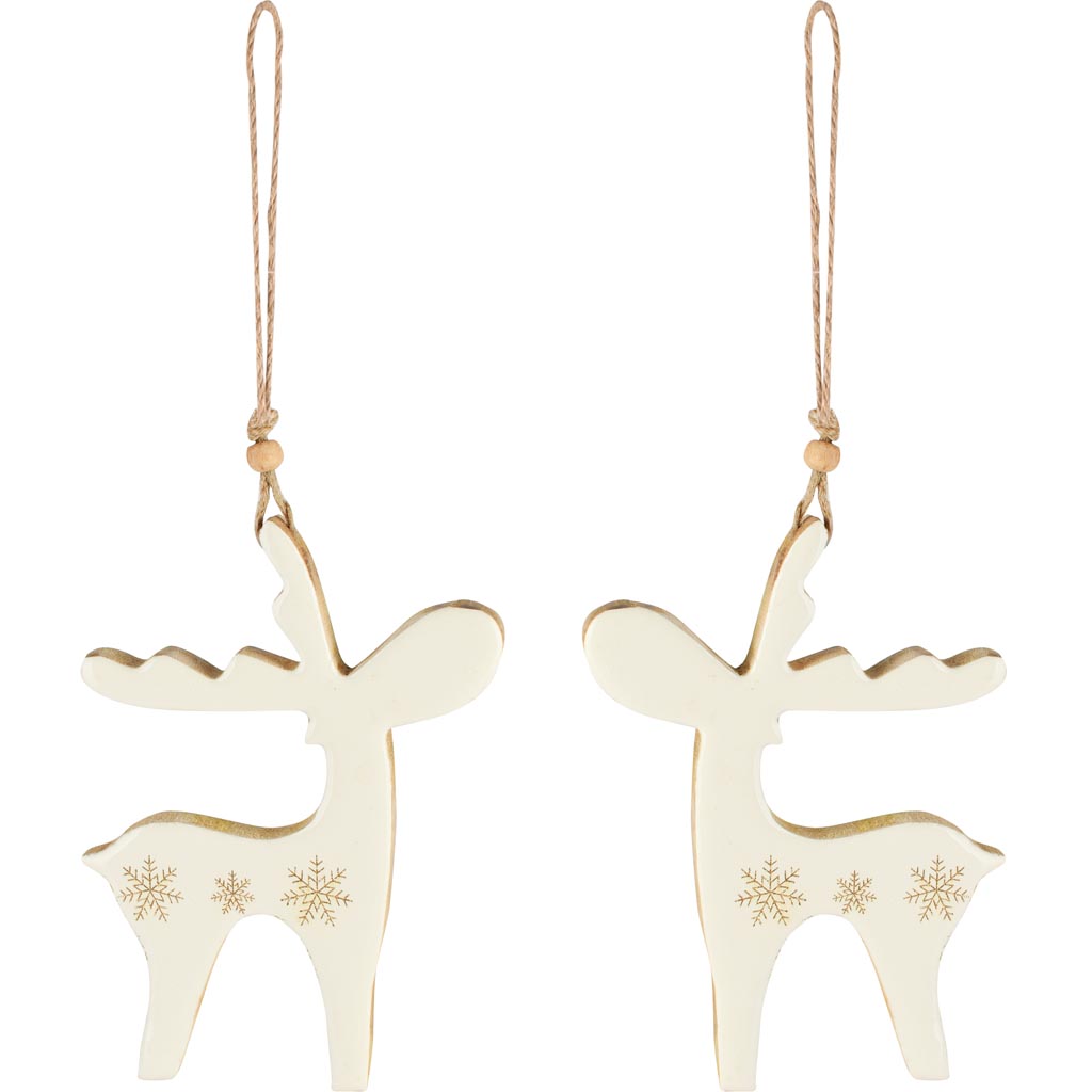 Dekoratief | Hanger rendier m/sneeuwvlokje, wit/goud, hout, 15x11x2cm, set van 2 stuks | A258270