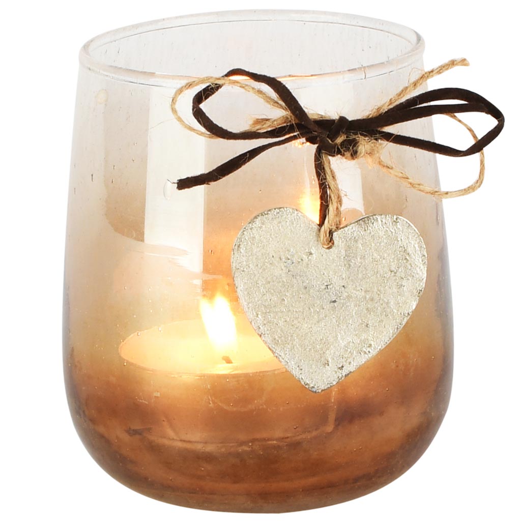 Dekoratief | Theelichthouder m/hartje, bruin/transparant, glas, 10x10x11cm | A258338