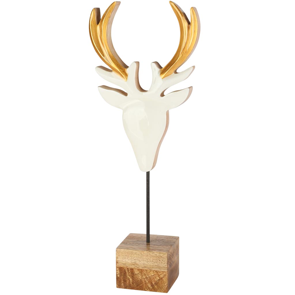 Dekoratief | Hertenkop op voet, wit/goud/naturel, hout, 16x8x42cm | A258403