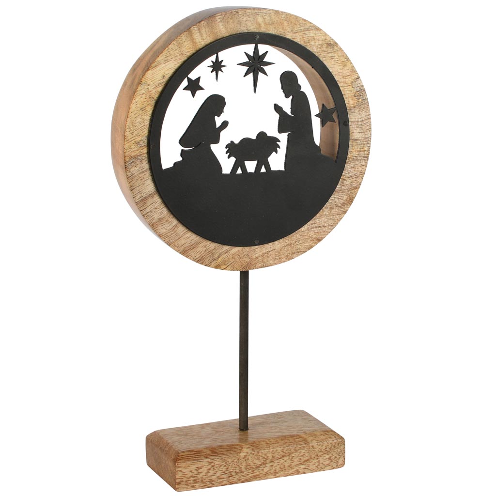 Dekoratief | Kerststal in cirkel op voet, zwart/naturel, hout/metaal, 14x5x25cm | A258418