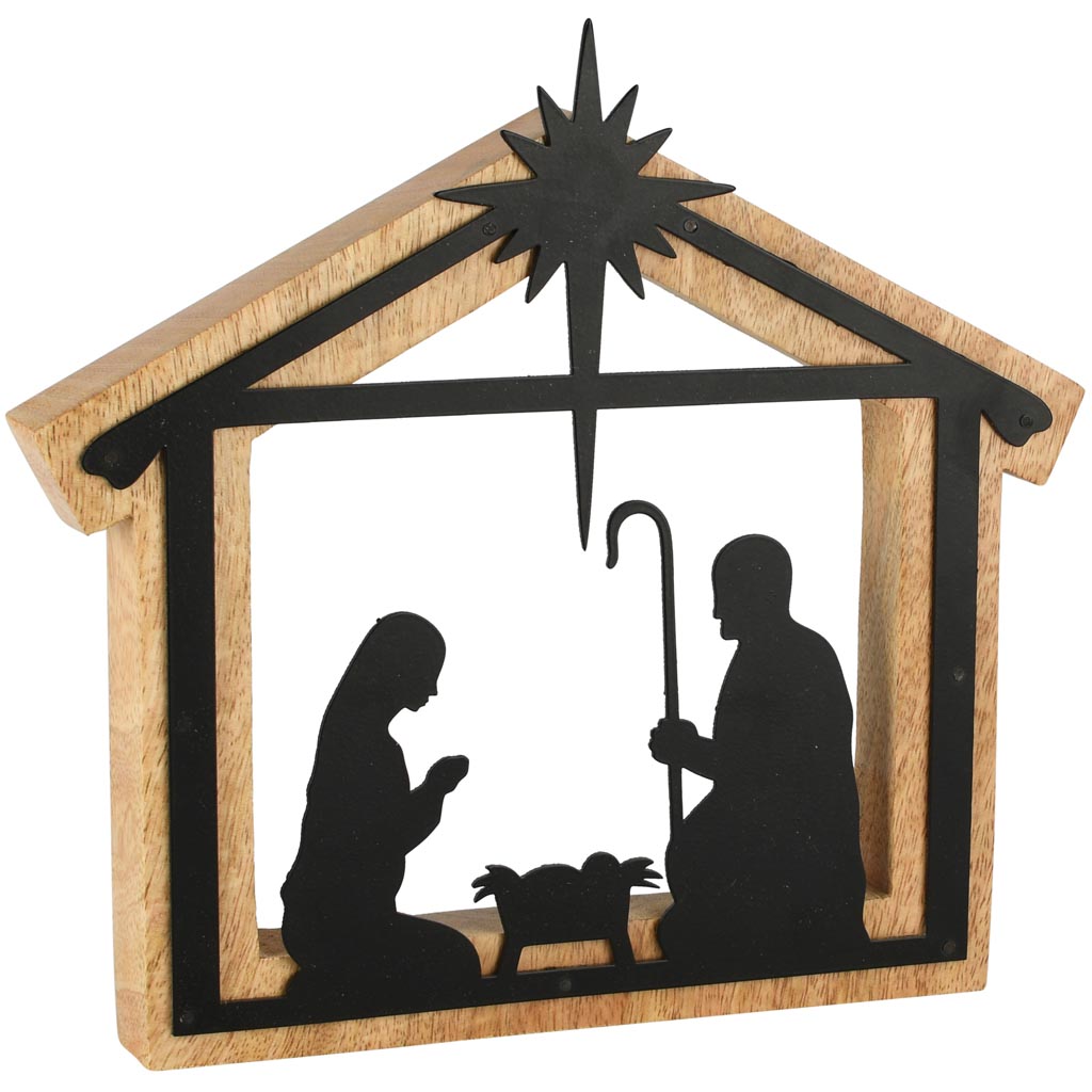 Dekoratief | Kerststal m/figuren, zwart/naturel, hout/metaal, 20x3x23cm | A258419