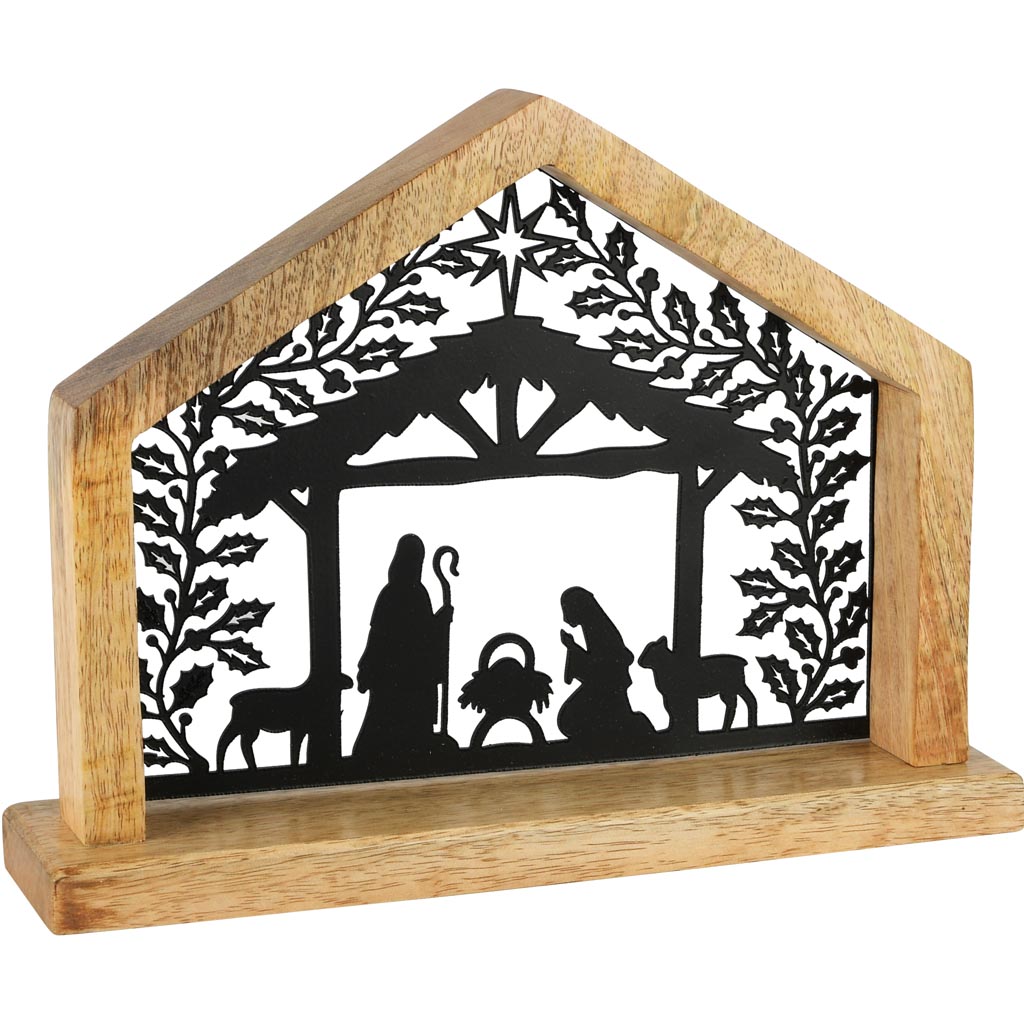 Dekoratief | Kerststal m/figuren, zwart/naturel, hout, 24x5x19cm | A258420