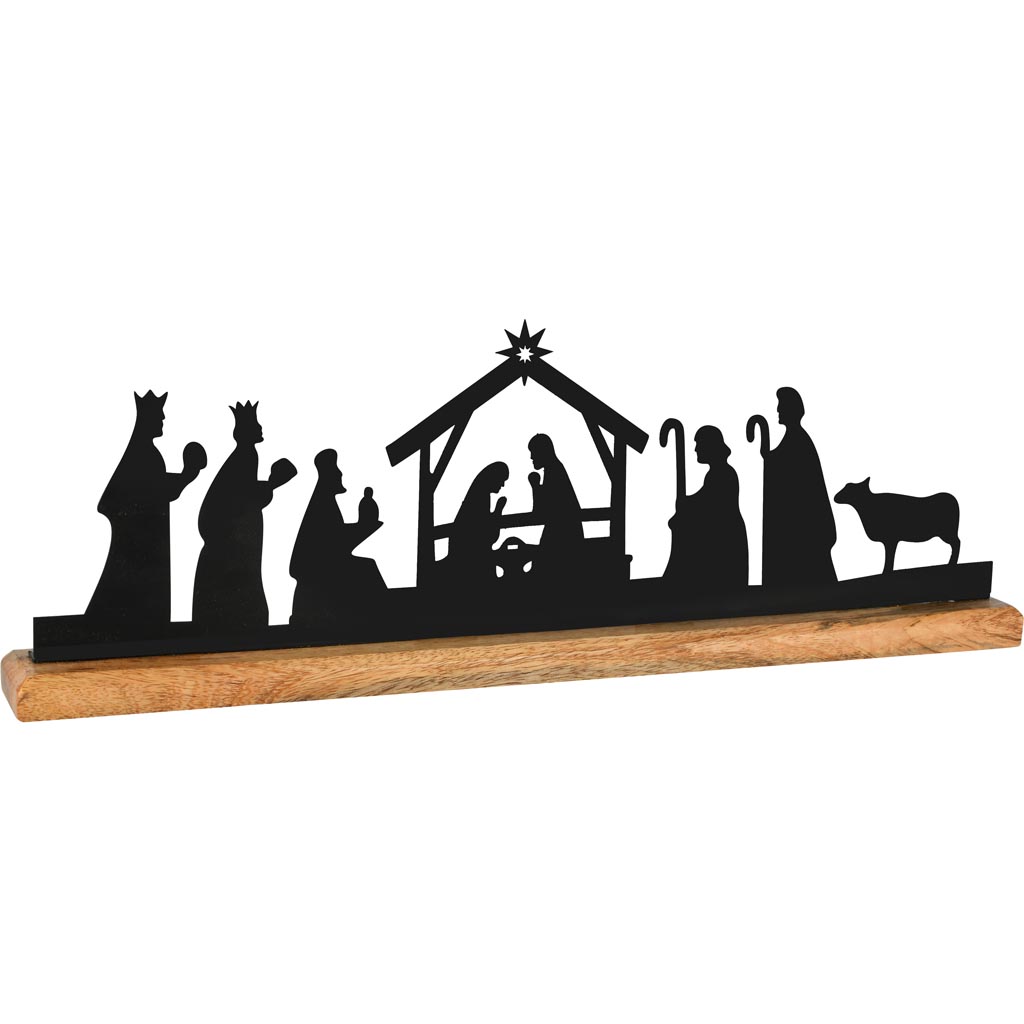 Dekoratief | Kerststalfiguren op voet, zwart/naturel, hout, 41x5x12cm | A258421