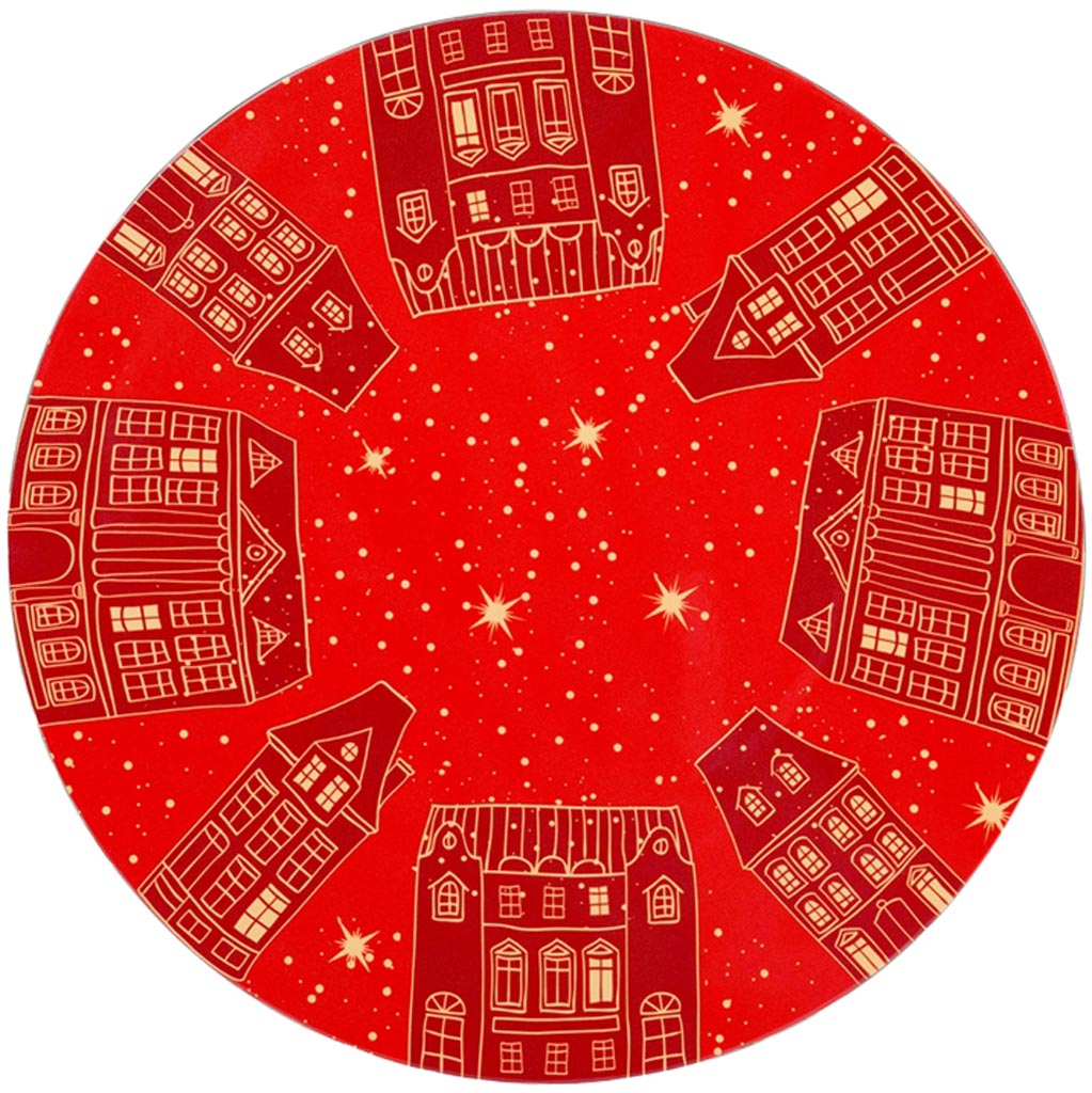Dekoratief | Deco schaal m/huizen, rood, PVC, 33x33cm | A259028