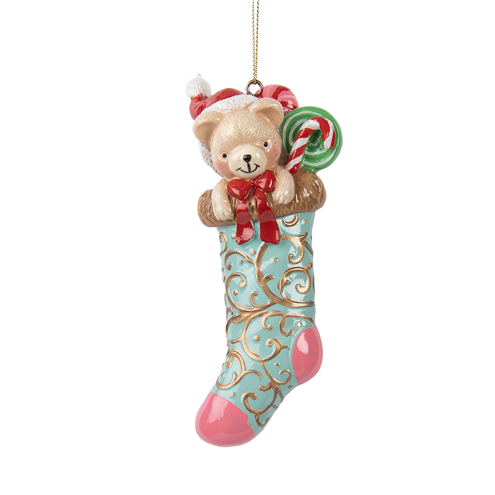 Clayre & Eef | Decoratie Hanger Beer in Kerstsok Groen Rood 7x5x15 cm | 6PR5615