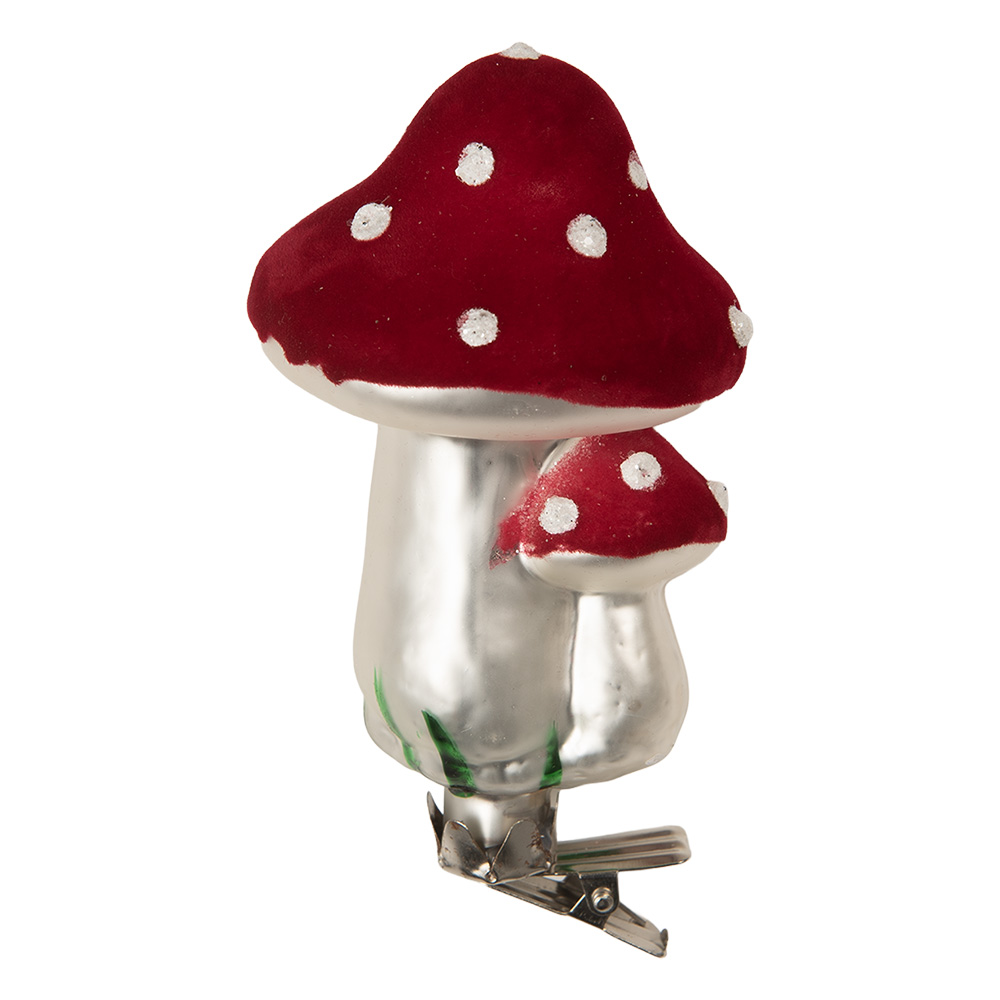 Clayre & Eef | Knijper kerstornament Paddenstoelen Rood Zilverkleurig ø 6x11 cm | 6GL5307