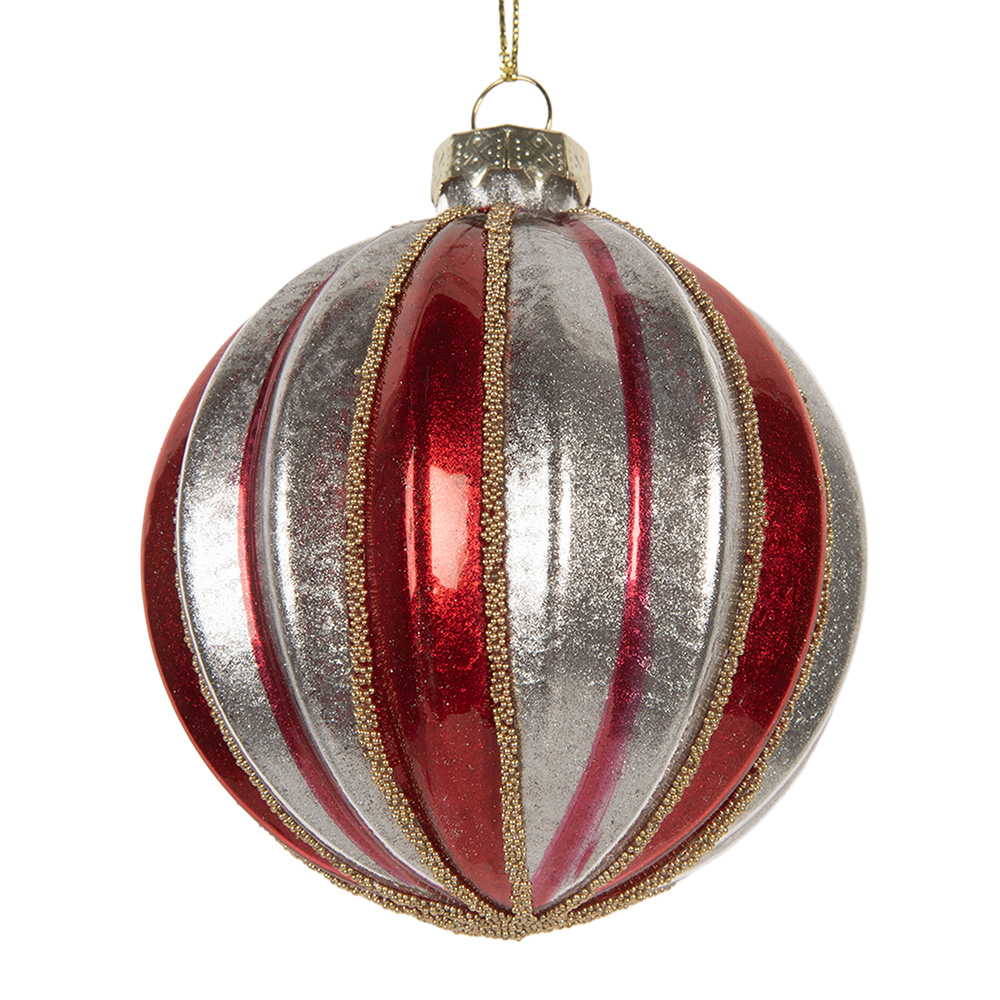 Clayre & Eef | Kerstbal Rood Zilerkleurig ø 8x8 cm | 6GL5325