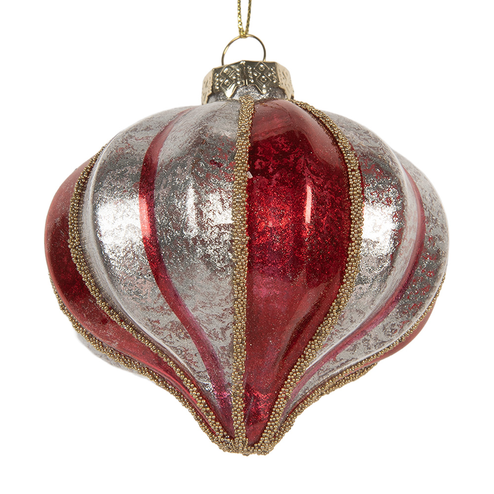 Clayre & Eef | Kerstbal Rood Zilverkleurig ø 8x8 cm | 6GL5326
