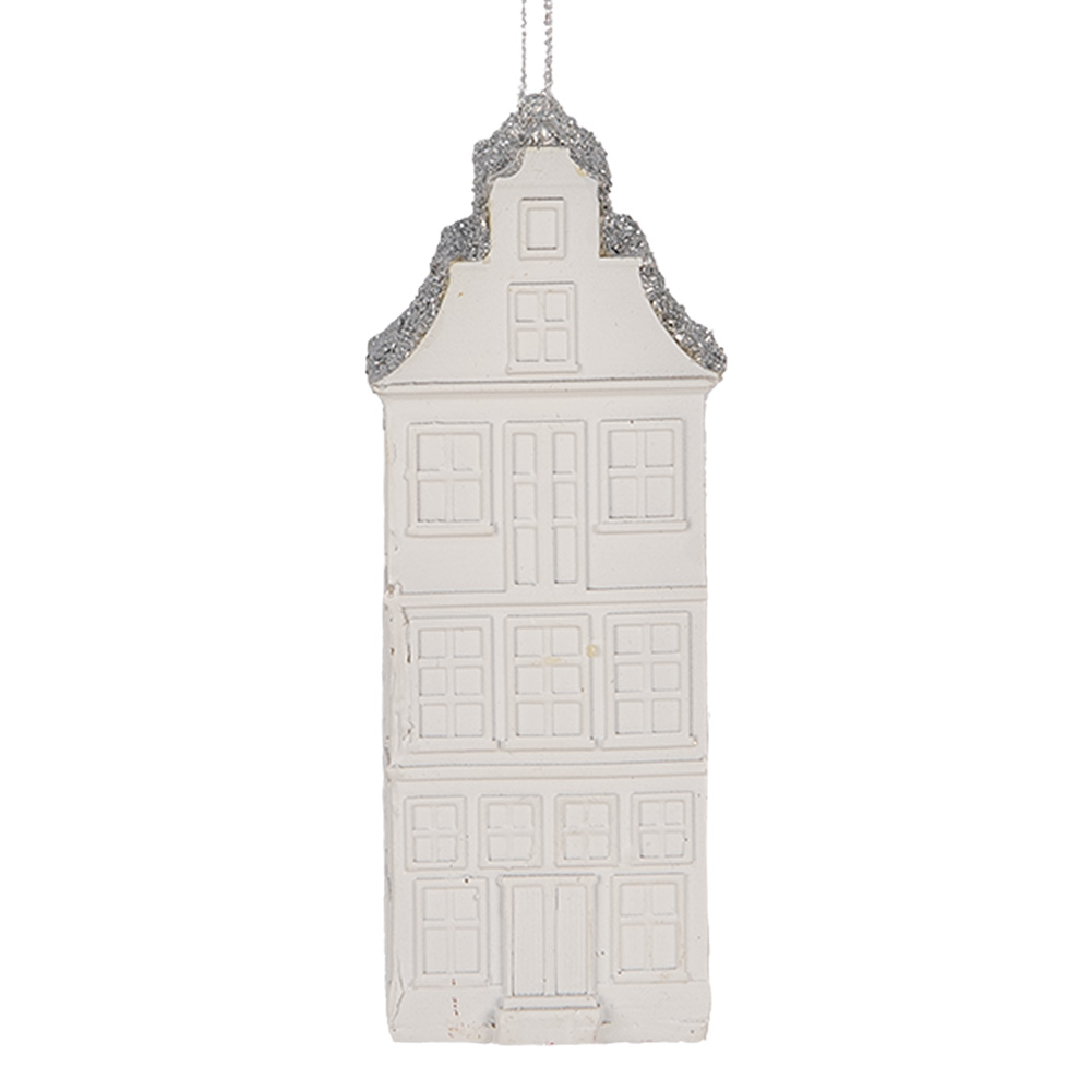 Clayre & Eef | Decoratie hanger Huisje Wit Zilverkleurig 4x4x11 cm | 6PR5610