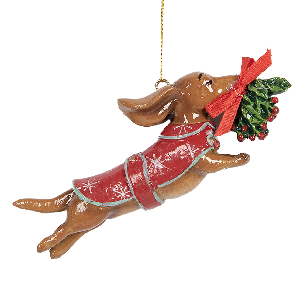 Clayre & Eef | Decoratie hanger Hond Bruin Rood 12x2x4 cm | 6PR5632
