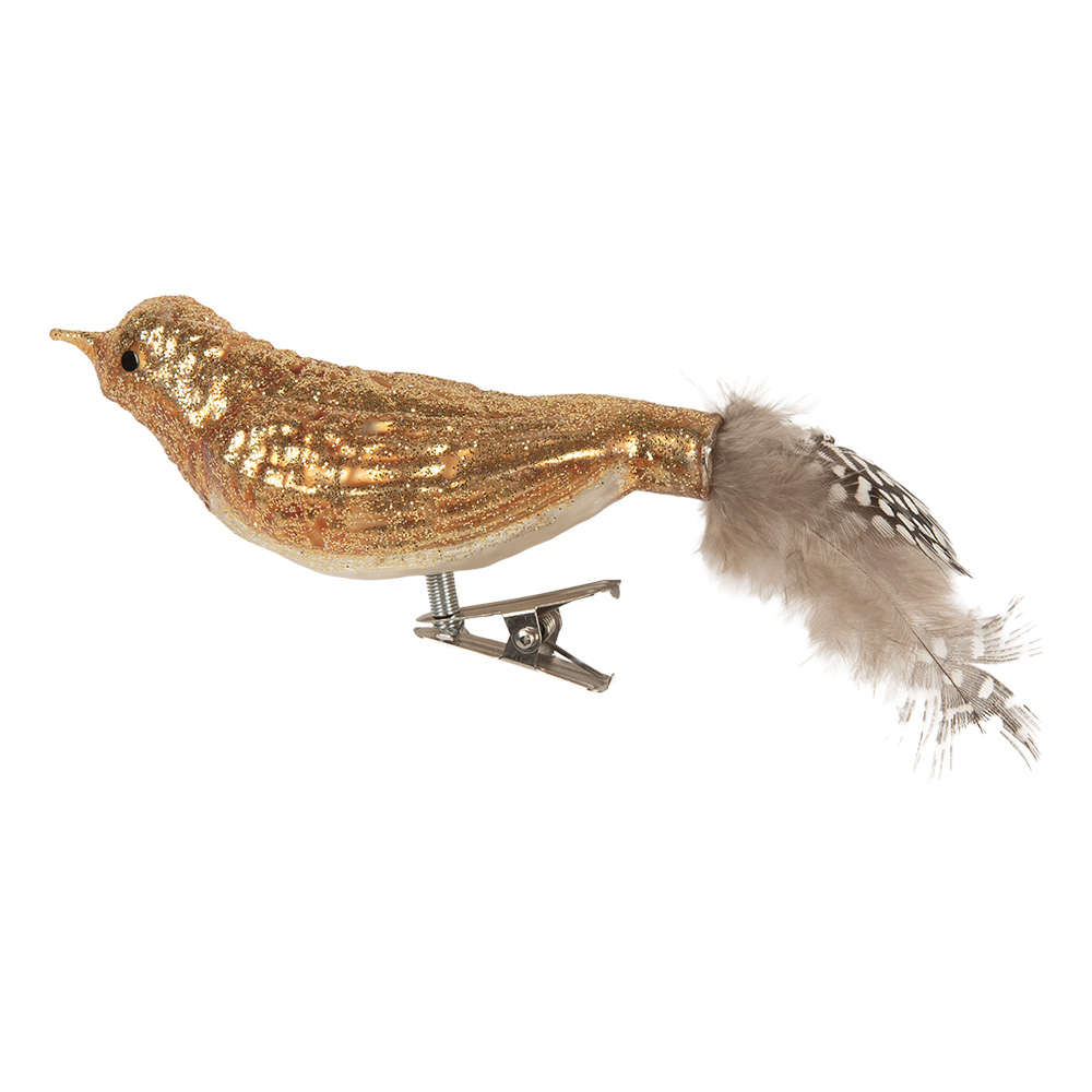 Clayre & Eef | Knijper kerstornament Vogel Bruin Goudkleurig 9x3x4 cm | 6GL5292