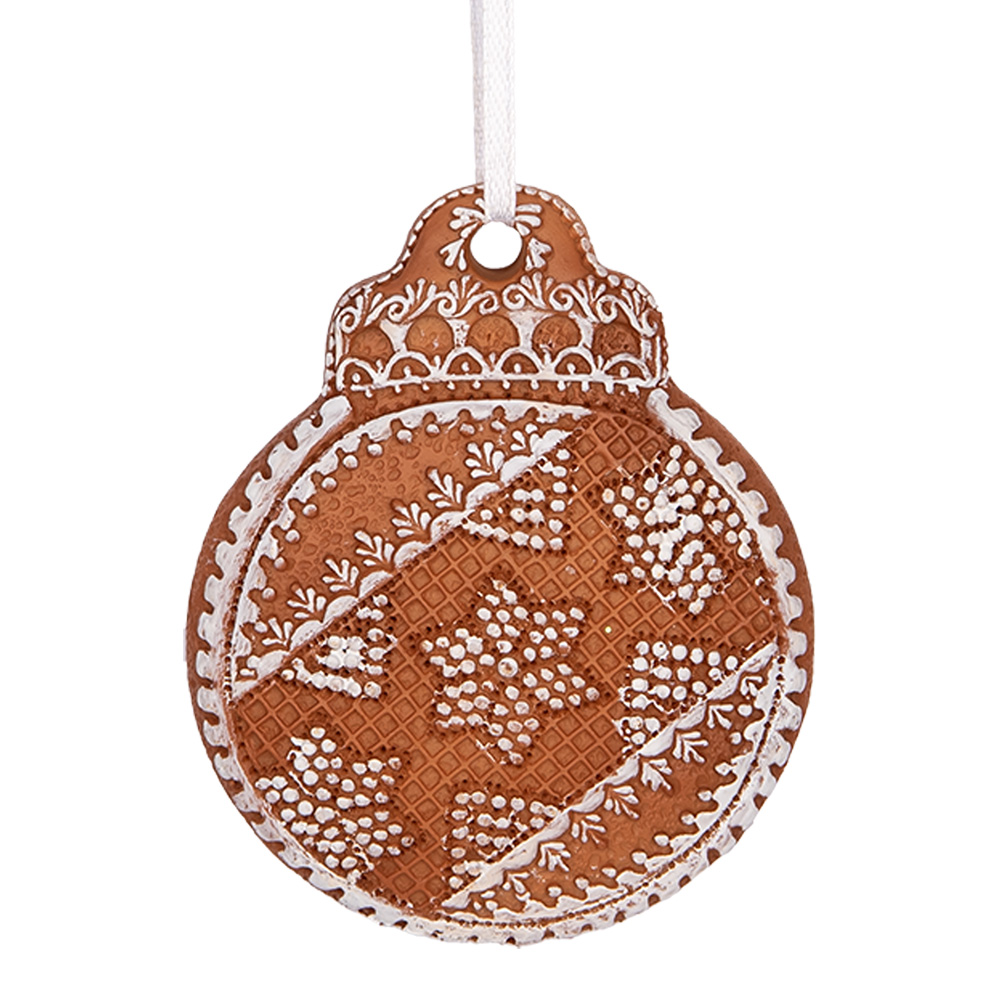 Clayre & Eef | Decoratie hanger Kerstbal Bruin Wit 8x2x10 cm | 6PR5316