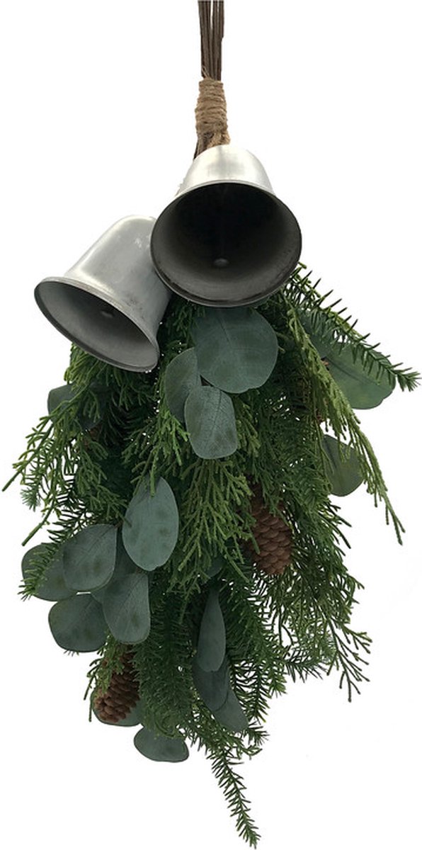 Decoratie kunsttak kersthanger met eucalyptus dennenappels en bellen groen 60 cm | 121134 | Home Sweet Home