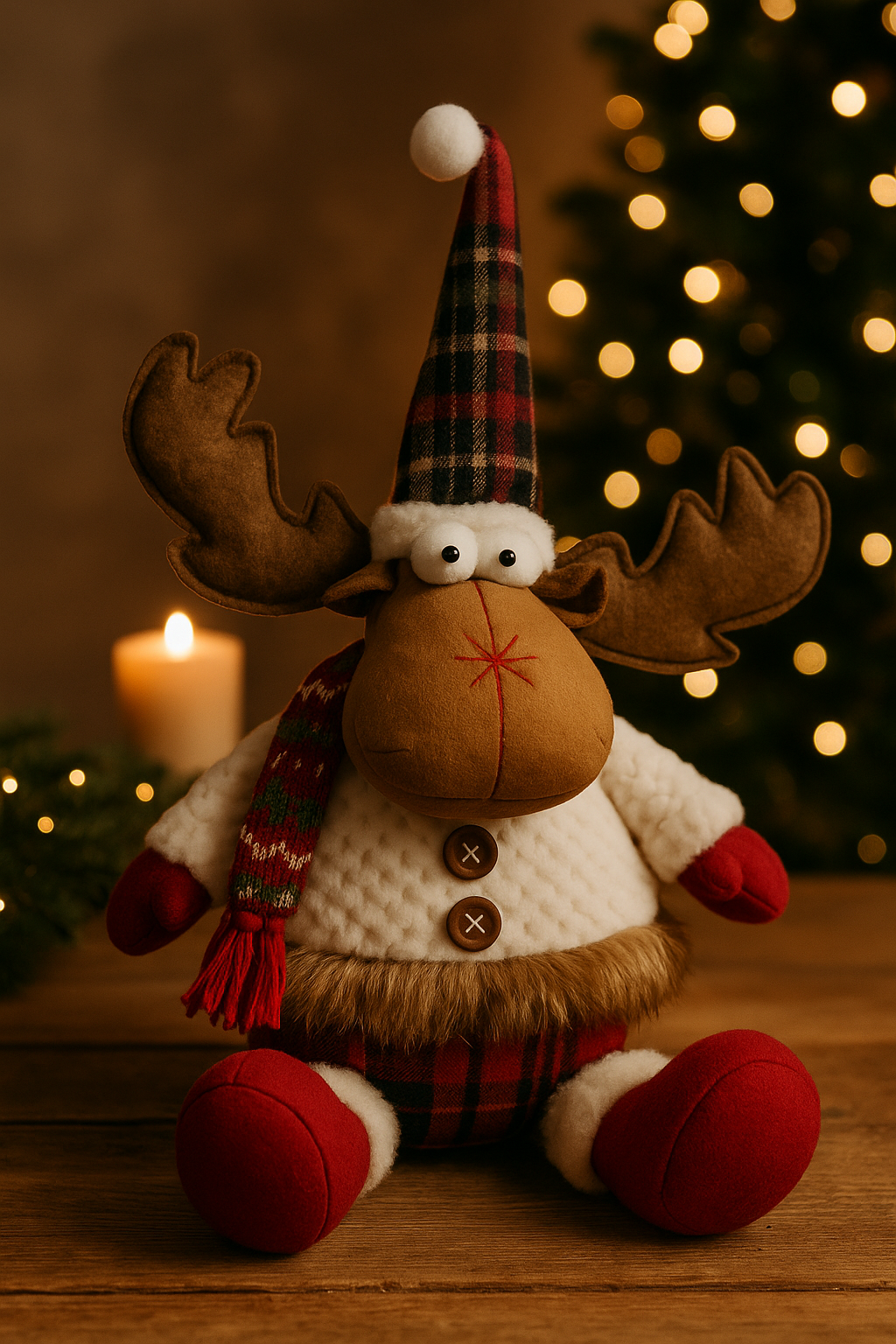 Decoratie eland knuffel zittend rood wit 45 cm  | 809302 | Home Sweet Home | Stoer & Sober Woonstijl