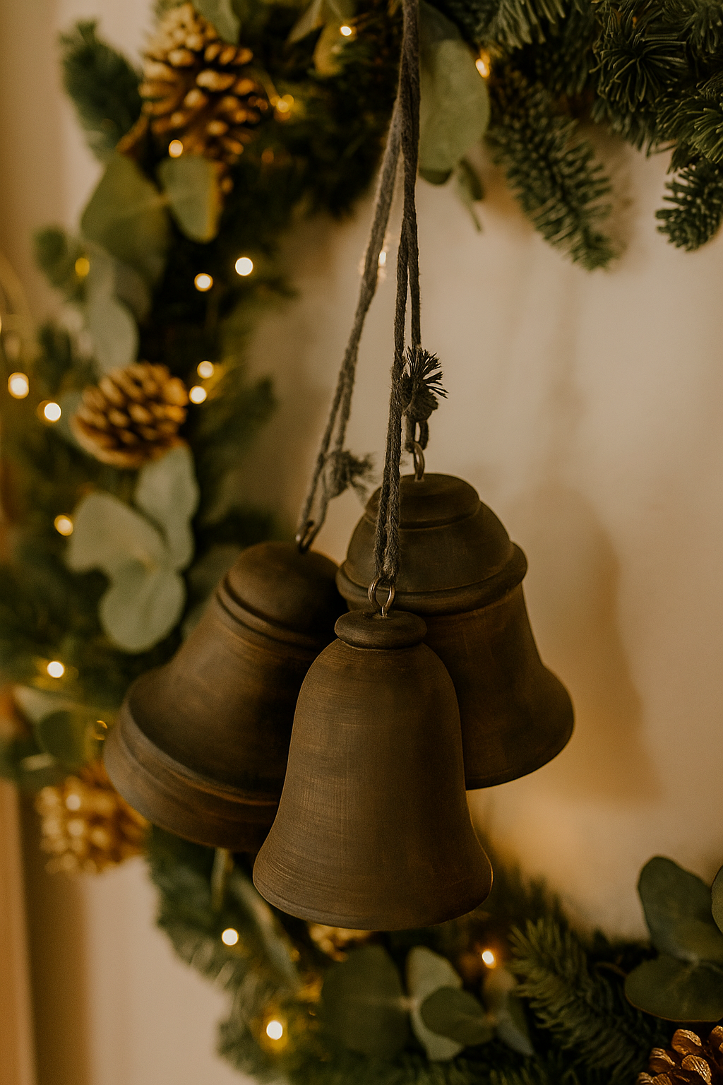Decoratie bel set van 3 kerst hanger vintage bruin hout 11 cm x 9 cm | 881876 | Stoer & Sober Woonstijl