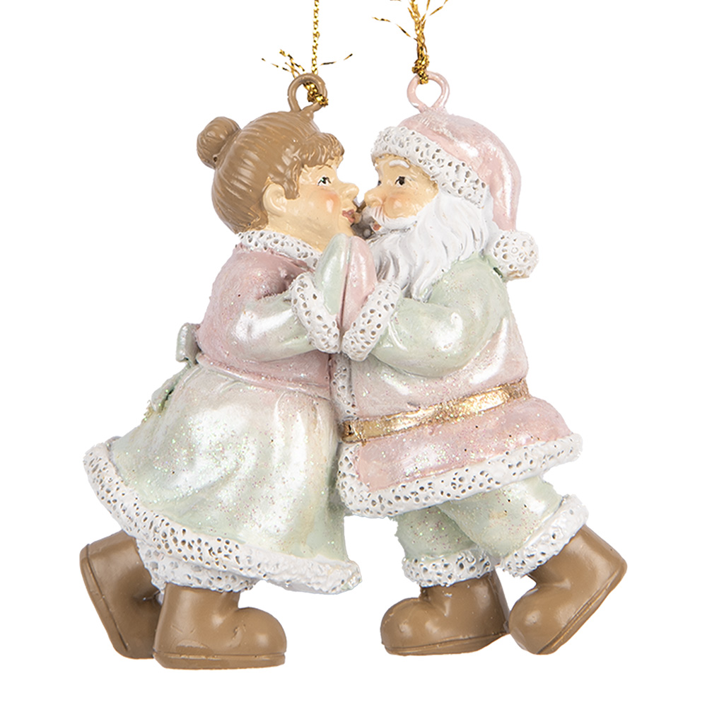 Clayre & Eef | Decoratie hanger kerstman met kerstvrouw Roze Groen 7x4x8 cm | 6PR5656