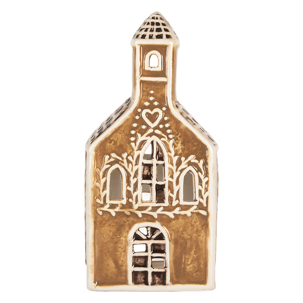 Clayre & Eef | Theelichthouder Kerst Huisje Bruin Wit 8x7x17 cm | 6CE2326