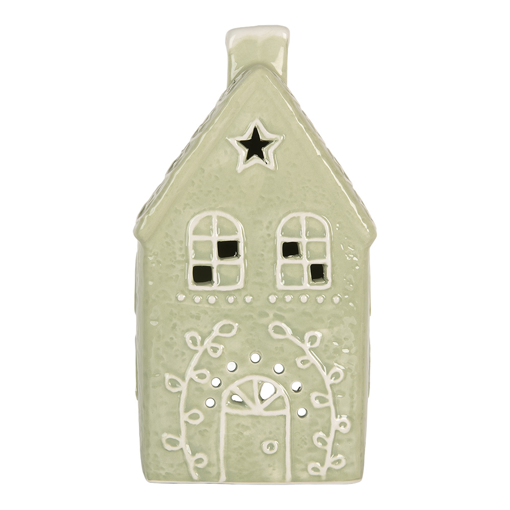 Clayre & Eef | Theelichthouder Kerst Huisje Groen Wit 11x9x21 cm | 6CE2328