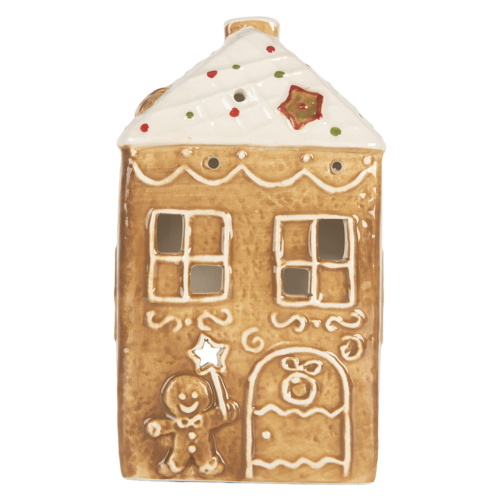 Clayre & Eef | Theelichthouder Kerst Huisje Bruin Wit 9x7x16 cm | 6CE2334