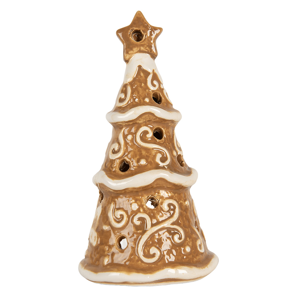 Clayre & Eef | Theelichthouder Kerstboom Bruin Wit ø 8x15 cm | 6CE2361
