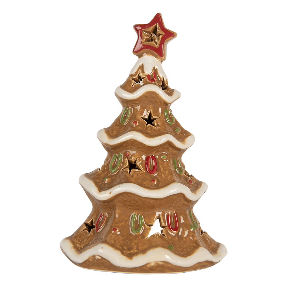 Clayre & Eef | Theelichthouder Kerstboom Bruin Wit 11x8x17 cm | 6CE2362