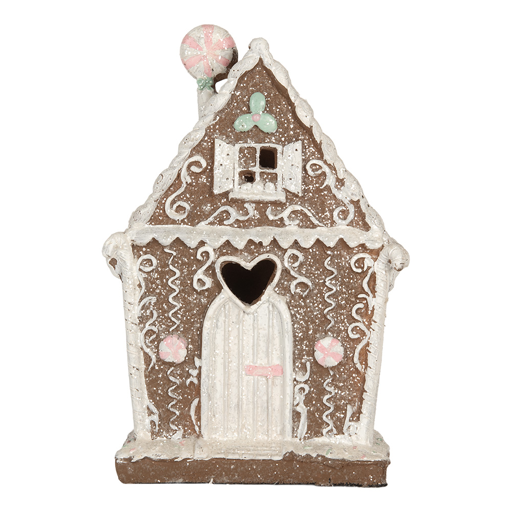 Clayre & Eef | Decoratie Huis met LED Bruin Wit 14x9x21 cm | 6PR5820