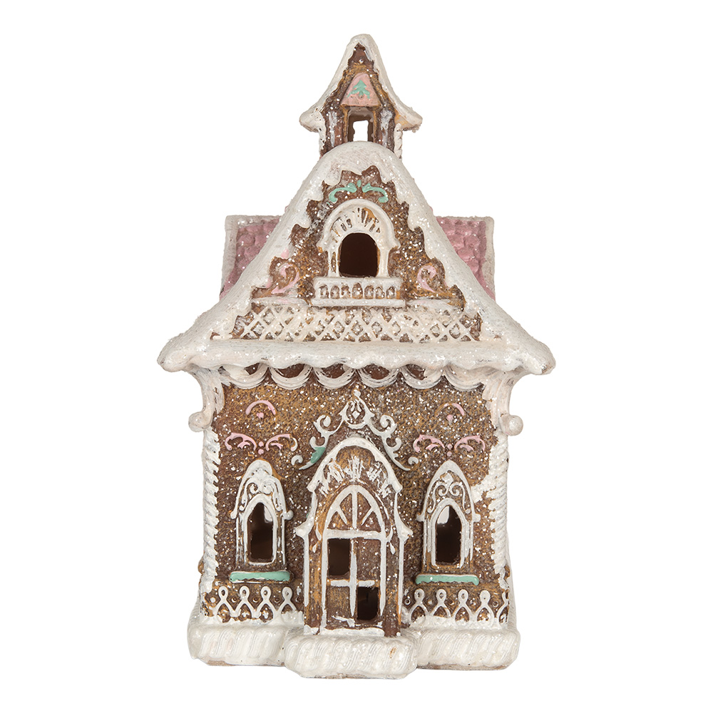 Clayre & Eef | Decoratie Huis met LED Bruin Roze 16x15x25 cm | 6PR5833